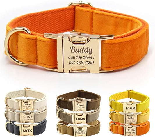 Velvet Personalized Dog Collar with Name - Customizable Dog Collar with Quick Release Metal Buckle - Leash and Bow Tie Available (Orange, S)