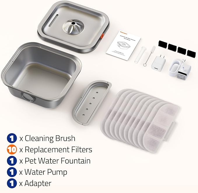 Cat Water Fountain Stainless Steel, 4L/135oz Cat Fountain, Automatic Dog Drinking Dispenser with Water Level Window, 10 Filters, Metal Pet Water Bowl Indoor, Quiet Pump, Easy Cleaning