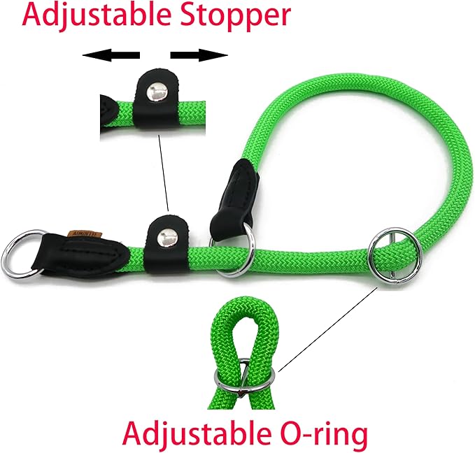 Braided Round Martingale Dog Collar, Training Collar with Slidable Stop Ring and Adjustable Stopper - Ideal for Medium Dogs (M(1/3") - 18" Long, Light Green)