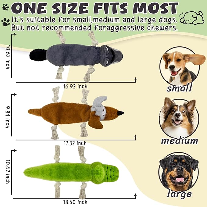 Squeaky No Stuffing Dog Toys, 3 Pack Rope Toys for Teething, Crinkle Plush Toys to Keep Them Busy, Durable Interative Dog Toys for Small Medium Large Breed.(Crocodile, Dog, Paguma Larvata)