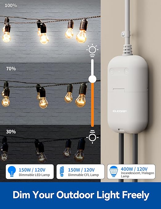 ELEGRP Outdoor Smart Dimmer Plug Waterproof IP66, Smart WiFi Plug with 2 Individually Sockets, Compatible with Alexa & Google Assistant, Outdoor Dimmer for String Lights, UL Listed, 2 Pack, Grey