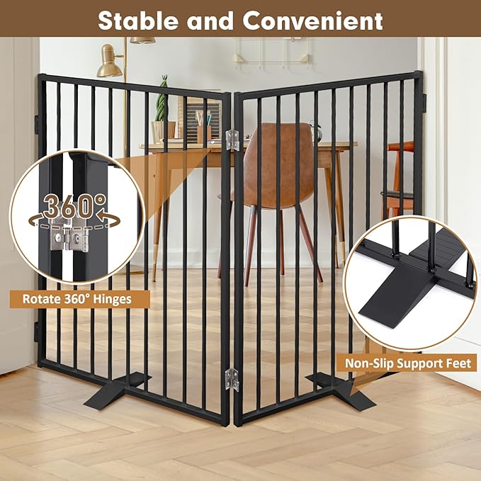 Metal Freestanding Dog Gates,Extra Wide 24", 32" Height Foldable Dog Fence for Indoor & Outdoor, Heavy Duty Freestanding Pet Barrier for Stairs, Doorways, Halls, Kitchen,Yard