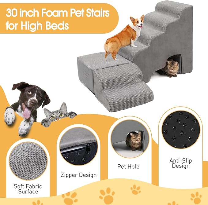 A.FATI Dog Stairs for High Beds up to 30-36 Inch, 6 Tiers Dog Steps, Pet Stairs Adjust to Left Side of Bed, Non-Slip Dog Ramp for Small Dogs and Old Pets