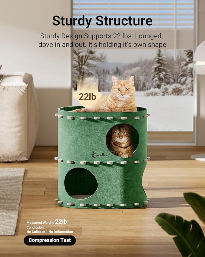 DownyPaws Cat House for Indoor Cats, 2-Storey Foldable Cat Bed Cave, Felt Cats Tunnel Bed Condo, Castle Kitten Cube Hideaway for Multicats, Scratch Resistant, Forest
