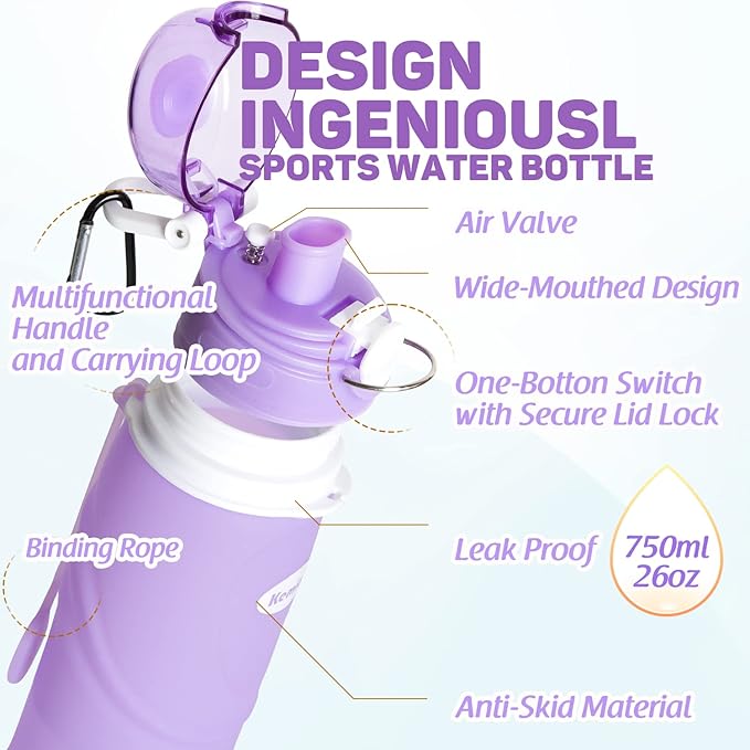 Kemier Collapsible Silicone Water Bottles-750ML,Medical Grade,BPA Free Travel Water Bottle Can Roll Up,26oz,Leak Proof Foldable Sports & Outdoor Water Bottles