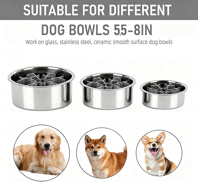 Slow Feeder Insert Dog Bowls, Extra Slow Cuttable 4.7-7in with Upgraded Lip for Dog Bowl Non-Slip Silicone Large Medium Size Dogs Anti-Chocking Feeding Pad 9XL Suction Cups for Metal Glass Bowls Grey