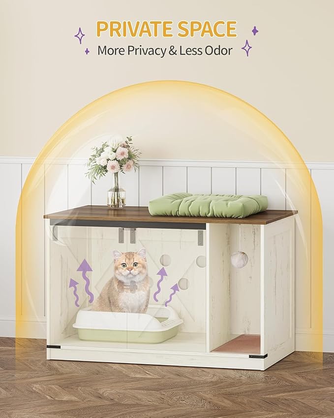 Cat Litter Box Enclosure, Hidden Litter Box Cabinet Furniture with Bell, Indoor Cats House, Farmhouse Style, 39.4 x 21.7X 24.8 Inches for Hallway, Bedroom, Rustic Brown and White CB85214X