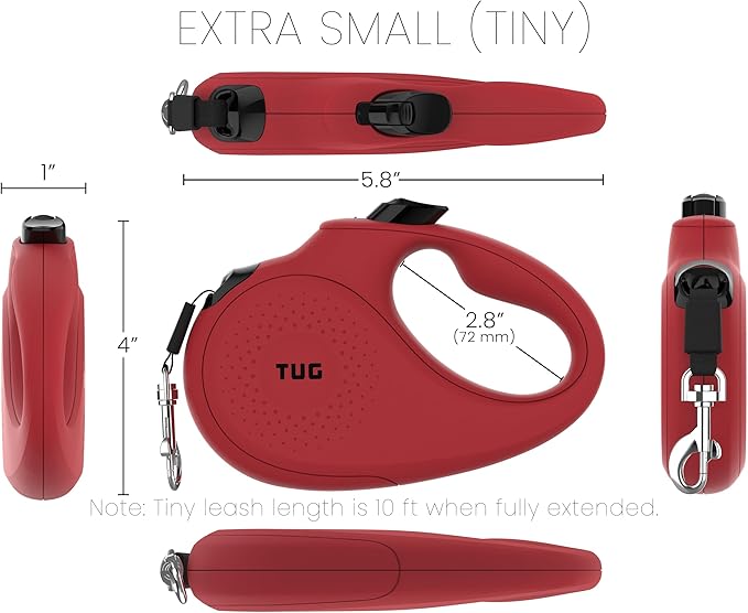TUG Monochrome Tiny 360° Tangle-Free Retractable Dog Leash | Cat Leash | 10 ft Strong Nylon Tape (Tiny, Red)