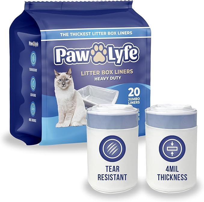 PawLyfe Jumbo Cat Litter Box Liners - 4MIL Extra Thick Heavy Duty Drawstring Kitty Litter Bags - Scratch and Tear-Resistant XL Cat Pan Liners for Easy Litterbox Cleanup - 36" x 18" - Box of 20 Liners