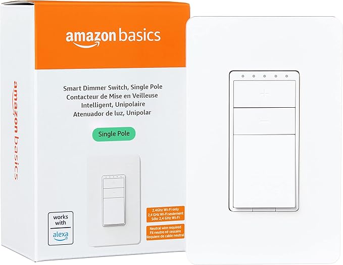 Amazon Basics Smart Dimmer Switch, Single Pole, Works with Alexa Only, 2.4 GHz Wi-Fi, No Hub Required, White