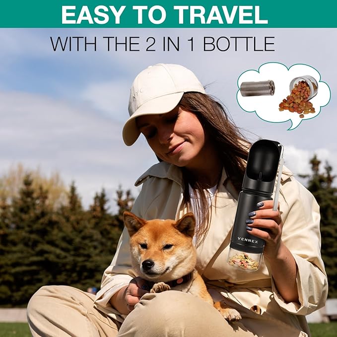 Dog Water Bottle Portable Stainless Steel Leak Proof Wide Mouth BPA Free Water Dispenser for Medium Small Dogs Pups 2 in 1 with Detachable Bowl Traveling Outdoor Walking Hiking Accessories (12OZ).