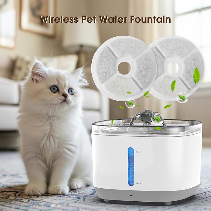 Cat Water Fountain, 100oz/3L Wireless Pet Water Fountain Battery Operated, Water Fountains for Cats Indoor with Motion Sensor, 5-Stage Filtration, Stainless Steel Tray, LED Light & BPA-Free