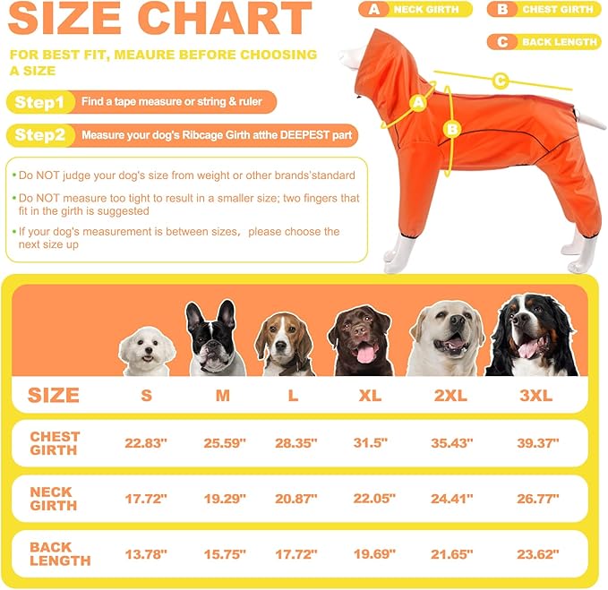 Dog Raincoat, Waterproof Dog Rain Jacket with Removable Hood，Adjustable 4 Legs Pet Poncho with Leash Hole，Reflective Stripe Hooded Snowproof Windproof Clothes for Small to 3X-Large Dogs, 2XL