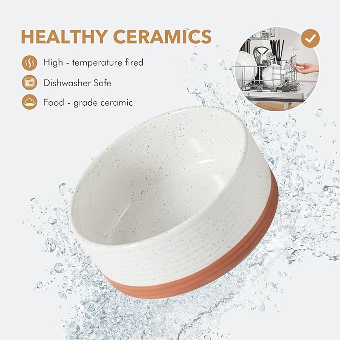 Ceramic 5.1inch Raised Dog and Cat Bowl Set, 2 Heights Elevated Wooden Stand for Puppy, Kitty, Cats, Weighted Pet Food and Water Dishes(5.1'',13.5oz, Vanilla White)