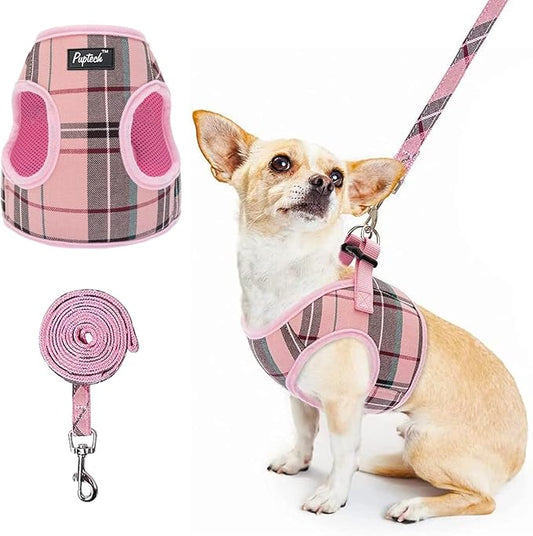 PUPTECK Soft Mesh Dog Harness and Leash Set Step-in Plaid Puppy Padded No Pull Vest Harness for XS Small Medium Sized Dogs Cats Outdoor Walking, Pink L