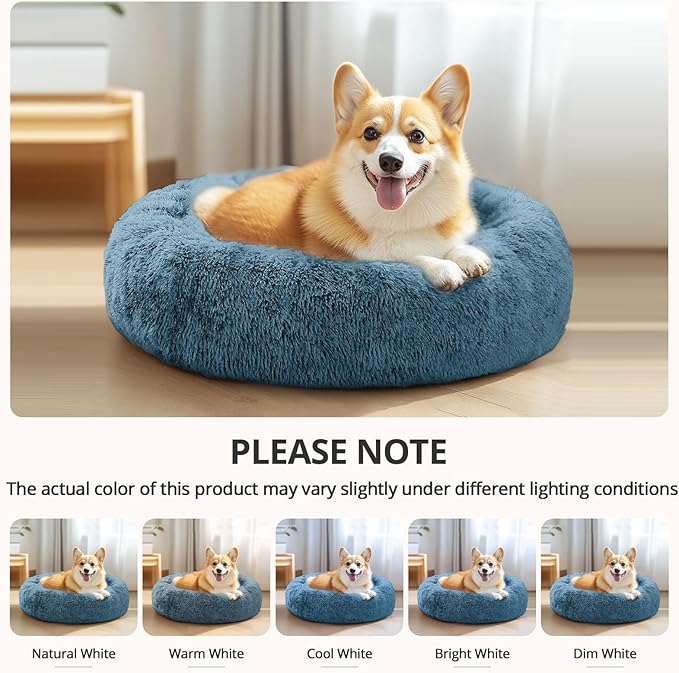 JOLLYVOGUE Calming Dog Bed for Small Dogs - 23 inches Donut Washable Small Dog Bed for Kittens & Puppies, Anti-Slip Round Fluffy Plush Faux Fur Cat Beds (Fits up to 25 lbs Pets, Blue)