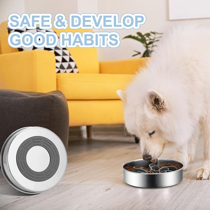 2-in-1 Slow Feeder Dog Bowls, Stainless Steel Pet Bowls with Silicone Slow Feeder Insert, Removable Non-Slip Rubber Base for Small, Medium, and Large Dogs to Slow Down Eating (Large Breed)