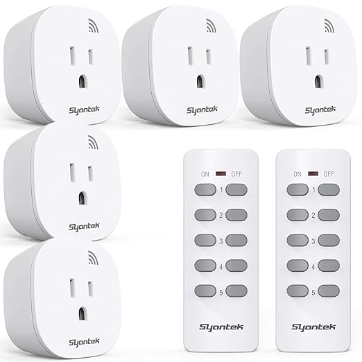 Remote Control Outlet Wireless Light Switch for Household Appliances, Expandable Remote Light Switch Kit, Up to 100 ft Range, FCC Certified, ETL Listed, White (5 Outlets + 2 Remotes)