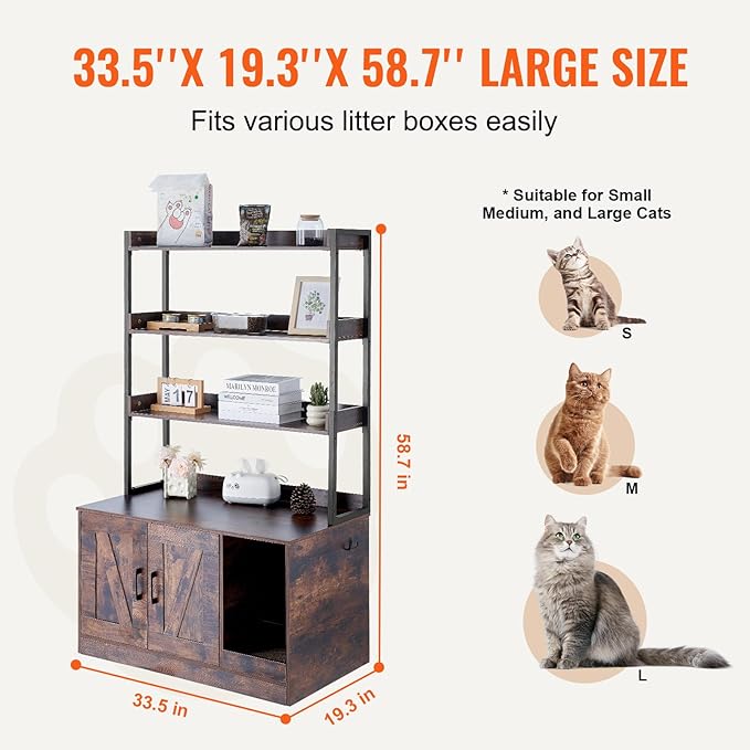 VEVOR Cat Litter Box Enclosure, Hidden Litter Box Furniture with 3 Storage Shelves, Wooden Cat Washroom Indoor, Large Cat House Cabinet Hidden Fit Most Litter Box, 33.5"L x 19.3"W x 58.7"H, Dark Brown