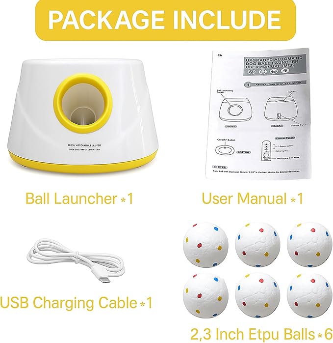 Automatic Ball Launcher for Dogs, Dog Ball Launcher with 6 ETPU 2.3” Balls, Adjustable Distance Thrower for Indoor & Outdoor Fetch Play, Interactive Pet Toy for Small & Medium Dogs