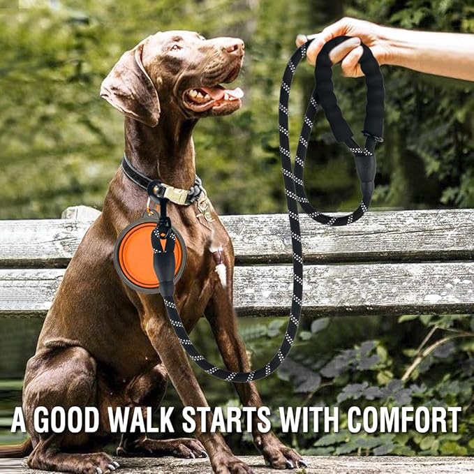 COOYOO 2 Pack Dog Leash 6 FT Heavy Duty - Comfortable Padded Handle - Reflective Dog Leash for Medium Large Dogs with Collapsible Pet Bowl Set 7-Black+Orange