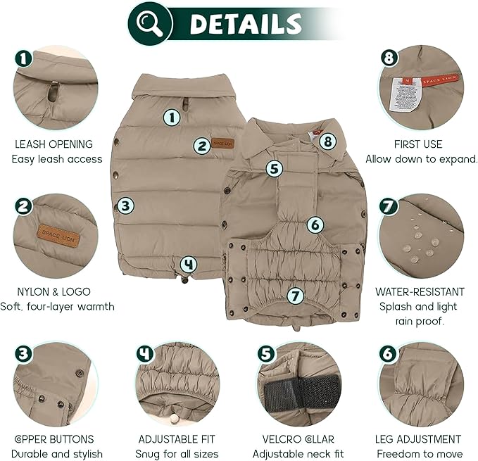 SPACE LION Dog Puffer Jacket, Down Winter Coat, Durable Outdoor Coat for Cold and Windy Conditions, Lightweight & Adjustable Fit Coats for Large Dogs, (Khaki, Size24/2XL)