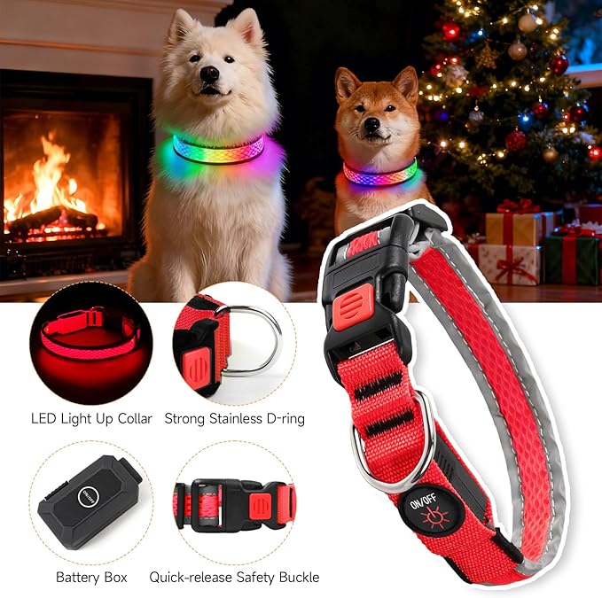LED Dog Collar, Light Up Dog Collar USB Rechargeable, Nylon Adjustable Comfortable Soft Bright RGB 7 Colors Changeing Safety Light Glowing Collar for Small and Medium Dogs(Small,Red)