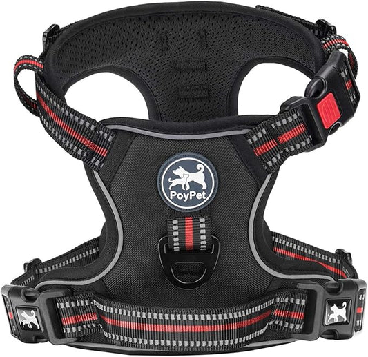 PoyPet No Pull Dog Harness, [Release on Neck] Reflective Adjustable No Choke Pet Vest with Front & Back 2 Leash Attachments(Black+Red,M)
