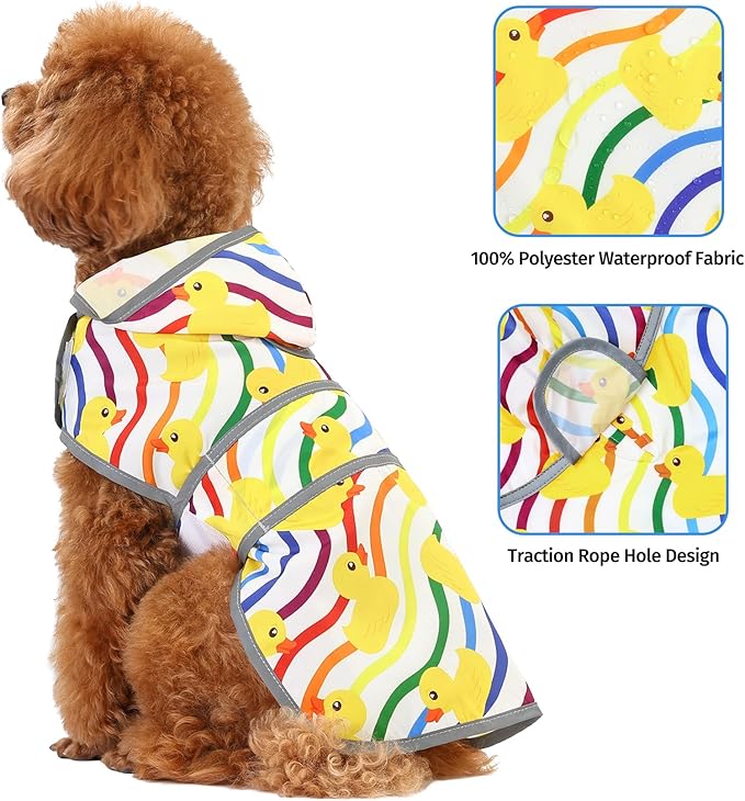 Dog Raincoats for Small Dogs Puppies Waterproof Hooded Rain Jacket with Reflective Strips Leash Hole & Poncho Adjustable Fit (Rainbow,S)