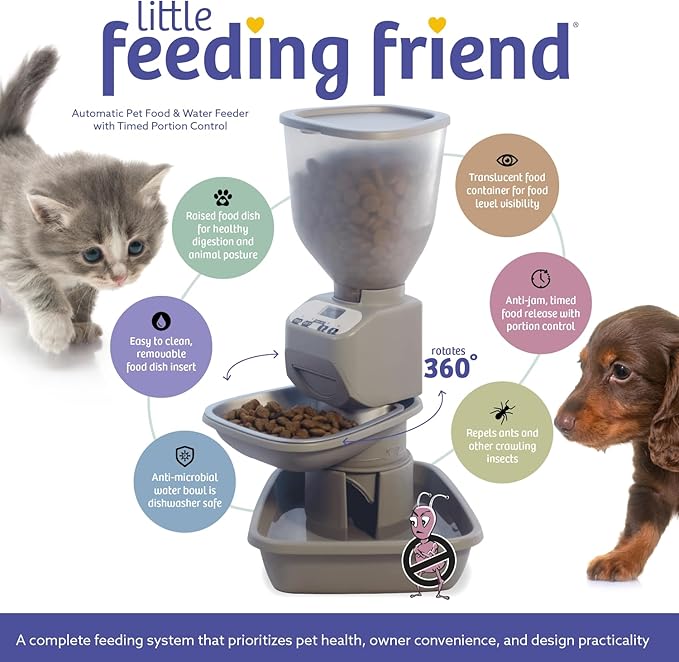 Feeding Friend® Automatic Dog & Cat Food Feeder with Water Dispenser – Smart Pet Feeder with Portion Control, OLED Display, Anti Jam Design, Battery Operated Dispenser for Small - (XS) Pets - Taupe