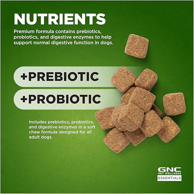 GNC Pets Essentials Digestion Dog Supplements, Probiotic Support Soft Chews in Bacon Flavor for Dogs, Daily Digestion Aid in Reusable Container - Puppy & Adult Pet Health Supplement, 60 Count - 3 Pack