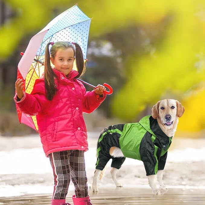 Dog Raincoat, Lightweight Rain Jacket, Adjustable 4 Legs Pet Poncho with Hood, Snow-Proof Dog Vest Rainwear, Rain Clothes Apparel with Leash Hole