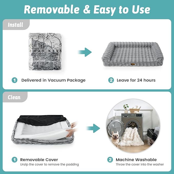 Faux Fur Orthopedic Dog Bed, Super Soft Large Dog Bed, Supportive Foam Bolster Pet Sofa with Waterproof Lining Cover, Washable U-Shaped Pet Couch with Anti-Slip Bottom Design, Grey XL 42x30x7 inch