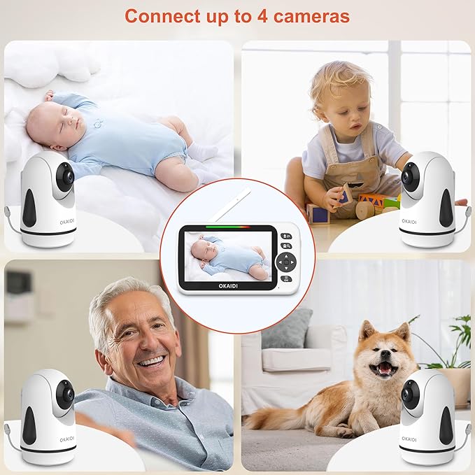 OKAIDI Video Baby Monitor with 4 Cameras, 5" Display Baby Monitor No WiFi, 30H Battery and 1000ft Range, 2-Way Talk, 8 Lullabies, Remote Pan-Tilt-Zoom Baby Camera for Baby Pet Elderly