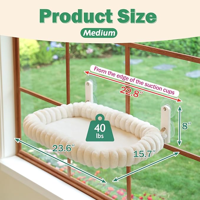 Zakkart SnugCloud Foldable Cat Window Perch - Cordless, Ultra Soft Machine Washable Bed with 4-Sided Bolster, Metal Frame - Window Hammock for Large Cats and Kittens (Cream White, Medium)