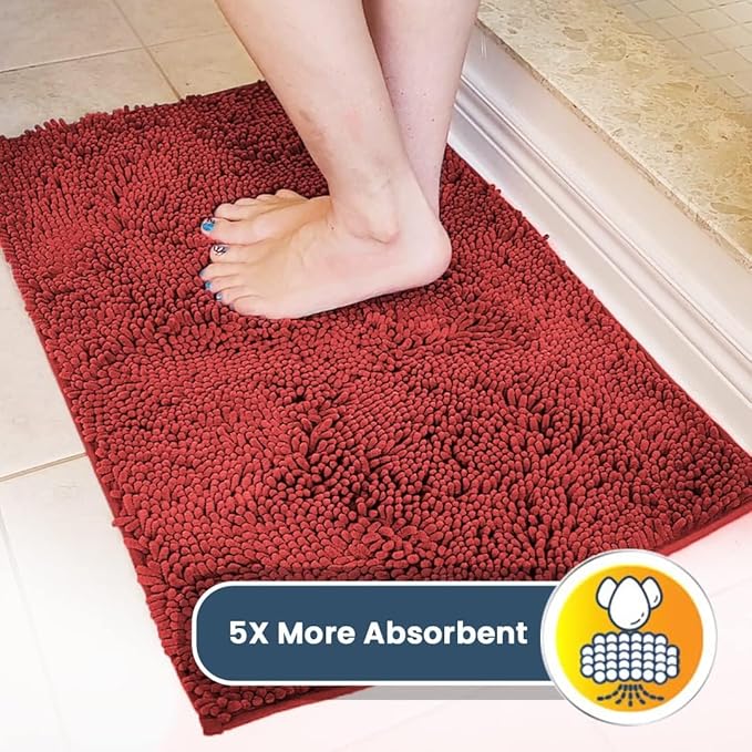 Muddy Mat® AS-SEEN-ON-TV Highly Absorbent Microfiber Door Mat and Pet Rug, Non Slip Thick Washable Area and Bath Mat Soft Chenille for Kitchen Bathroom Bedroom Indoor and Outdoor - Red 24" x 72"