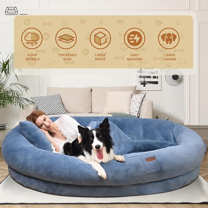 Human Dog Bed for Adults, 71"x51"x12" Washable Orthopedic Size, Faux Fur Removable, Cozy Large Present with Blanket and Pillow, Grayish Blue