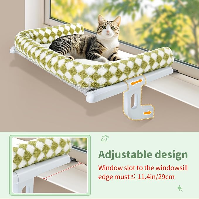 Sunhoo Cat Window Perch Hammock Sturdy Windowsill Bed Seat for Large Cats No Drilling No Suction Adjustable Kitty Shelf with Washable Cover Easy Assembly Holds up to 40 lbs 24.8 * 15 in (Green, L)