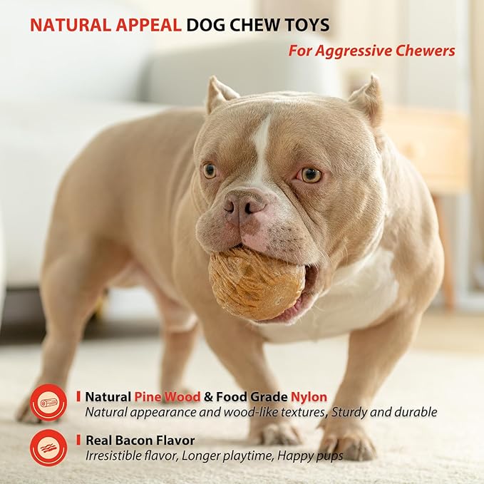 Willjoy 2-Pack Dog Chew Toys for Aggressive Chewers, Indestructible Ball-Shaped Dog Toys with Natural-Looking Grooved Texture, Durable Pine Wood & Tough Nylon, Bacon Flavor for Large Dogs