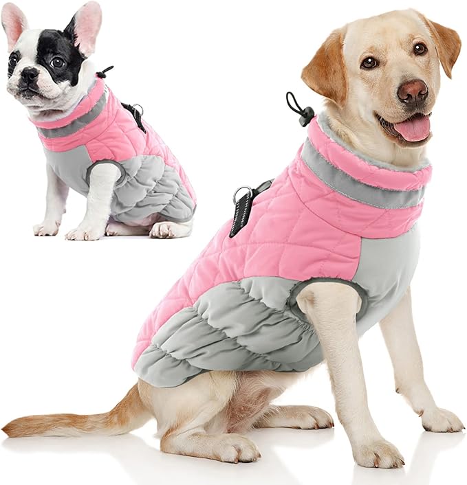 AOFITEE Dog Coat, Warm Dog Winter Coat for Small Dogs, Reflective Turtleneck Dogs Jacket with Harness Built in, Waterproof Windproof Pet Fleece Vest Snow Jacket for Cold Weather, Pink S