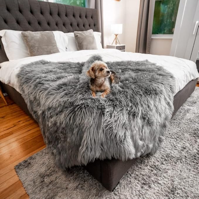 PAW BRANDS PupProtector Waterproof Throw Blanket for Dogs and Cats, Pet Blanket Cover for Couches, Sofas, Beds, Car Seats, Furniture, Calming Soft Faux Fur, Charcoal Grey, Original (60" L x 50" W)