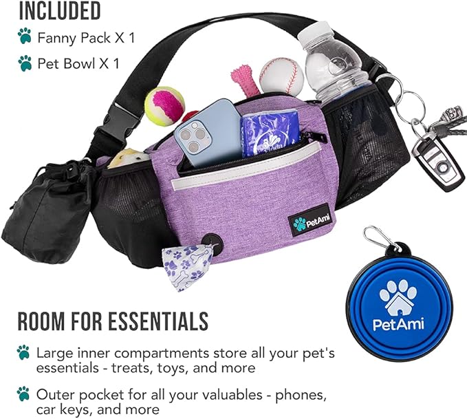 PetAmi Dog Fanny Pack, Treat Pouch for Dog Walking, Training, Built in Poop Bag Dispenser, Water Bottle Holder, Collapsible Bowl, Pet Treat Waist Belt for Hiking, Running, Kibbles (Purple)