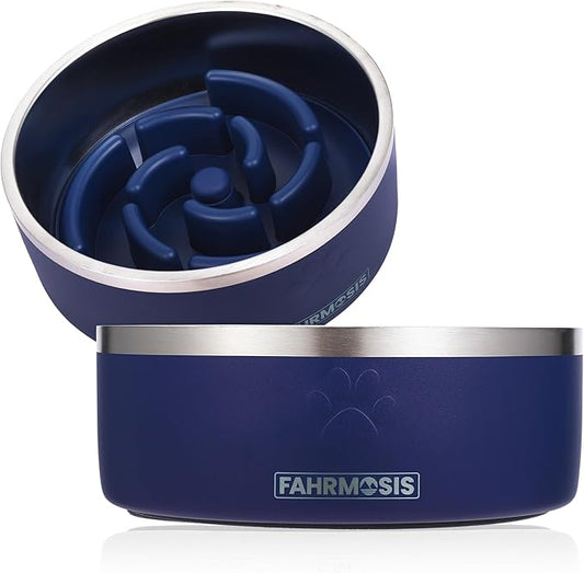 32 Oz Dog Bowl with Slow Feeder Insert Stainless Steel Pet Water Bowl for Medium & Large Breed Non Slip Rubber Base & Plastic Puzzle Feeder - Navy Blue