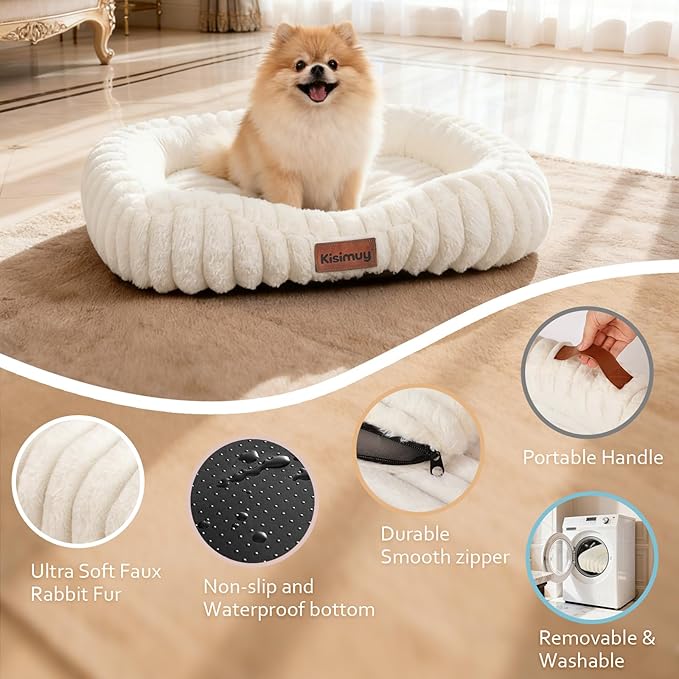 Orthopedic Dog Bed for Small Medium Dogs & Cats - Soft Furry Puppy Bed with Removable Washable Cover & Anti-Slip Bottom, Calming Rectangle Cat & Puppy Bed for Indoor Pets, 25x21x4inches, Cream