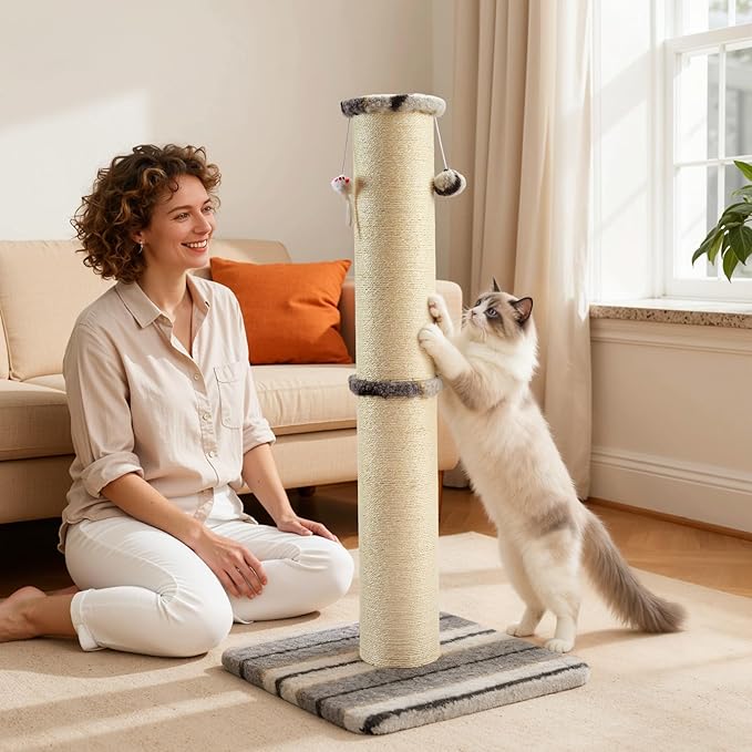 Joydeco Cat Scratching Post 34 Inches Heavy Duty and Thick Scratching Post Sisal Rope with Hanging Ball and Mice for Indoor Cats(Grey)