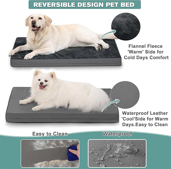 Waterproof XXL Dog Beds Large Sized Dogs, Washable Crate Pad 48 inch, Jumbo XXLarge Foam Orthopedic Pet Bed with Removable Cover Reversible, Anti-Slip Kennel Pad, 47"x29", Dark Gray