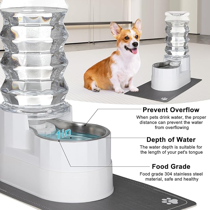 RIZZARI Large Water Dispenser for Dogs: 8L Gravity White Automatic Stainless Steel Waterer - 100% BPA Free - Raised Pet Feeder for Pet Dogs Indoor/Outdoor