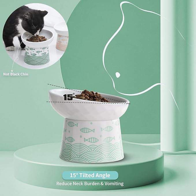 OMAYKEY Ceramic Raised Cat Bowls, Elevated Tilted Cat Food and Water Bowl Set, Porcelain Stress Free Pet Feeder Dish for Cats and Small Dogs, Dishwasher and Microwave Safe, Green, Set of 2