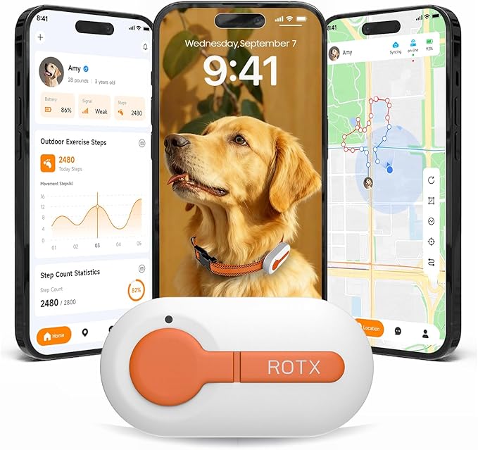 ROTX Dog GPS Tracker Real-time Tracker Alerts Virtual Fence Location for Pet Over 11.06lbs Dog Cat Collar Attachment of Random Color Subscription Required Waterproof IP67 Health & Wellness White