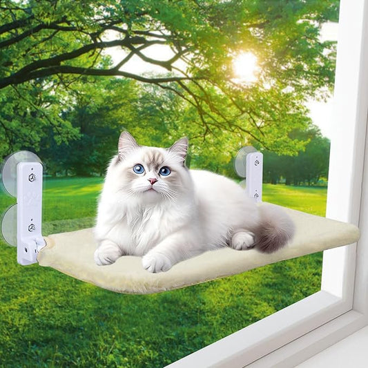 Cat Window Perch, Foldable Cat Window Hammock Sunbathing and Climbing Cats Hammock for Window Bed Bearing 40 Pounds Window Perch for Cats Inside 2-in-1 Reversible Cover (Beige)
